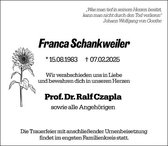 Traueranzeige von Franca Schankweiler von Idsteiner Land/Untertaunus
