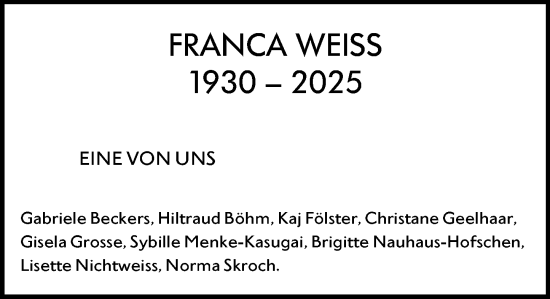 Traueranzeige von Franca Weiss von Darmstädter Echo