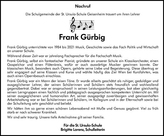 Traueranzeige von Frank Gürbig von Rheingau Kurier