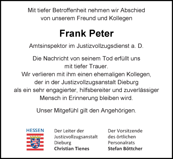 Traueranzeige von Frank Peter von Dieburger Anzeiger/Groß-Zimmerner Lokal-Anzeiger