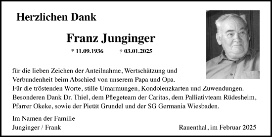 Traueranzeige von Franz Junginger von Wiesbadener Kurier