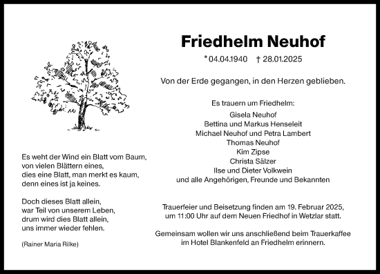 Traueranzeige von Friedhelm Neuhof von Wetzlarer Neue Zeitung