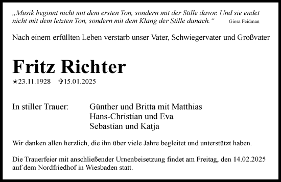Traueranzeige von Fritz Richter von Wiesbadener Kurier