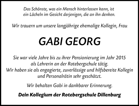 Traueranzeige von Gabi Georg von Dill Block
