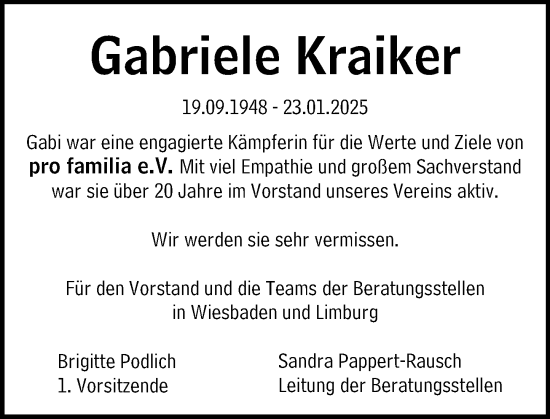 Traueranzeige von Gabriele Kraiker von Wiesbadener Kurier