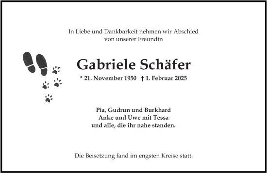 Traueranzeige von Gabriele Schäfer von Wiesbadener Kurier