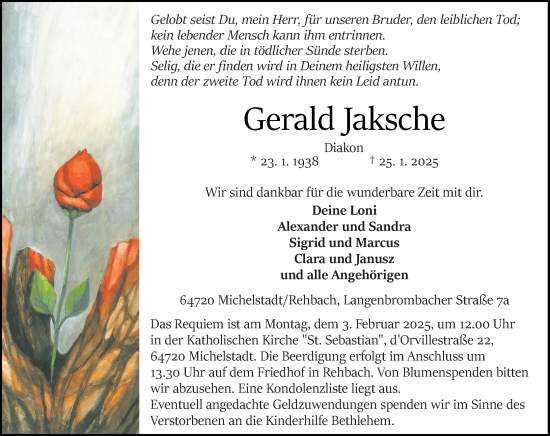 Traueranzeige von Gerald Jaksche von Odenwälder Echo