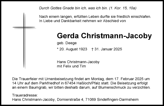 Traueranzeige von Gerda Christmann-Jacoby von Allgemeine Zeitung Mainz