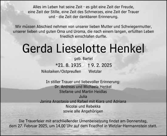 Traueranzeige von Gerda Lieselotte Henkel von Wetzlarer Neue Zeitung