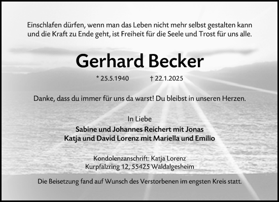 Traueranzeige von Gerhard Becker von Rheingau Kurier