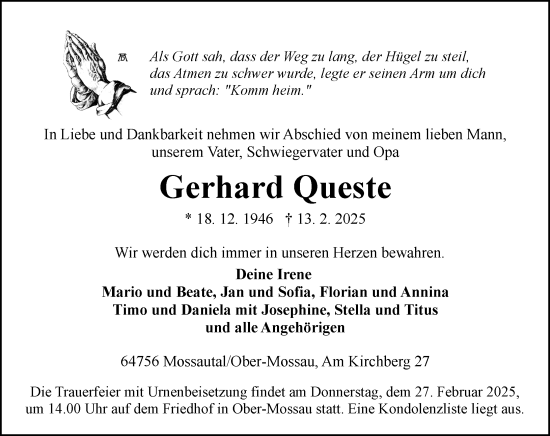 Traueranzeige von Gerhard Queste von Odenwälder Echo