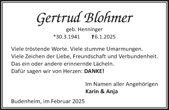 Traueranzeige von Gertrud Blohmer von Allgemeine Zeitung Mainz