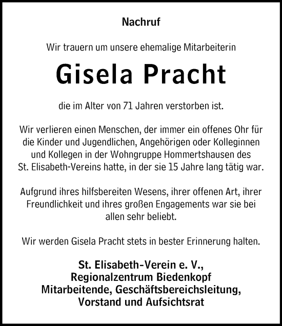 Traueranzeige von Gisela Pracht von Hinterländer Anzeiger