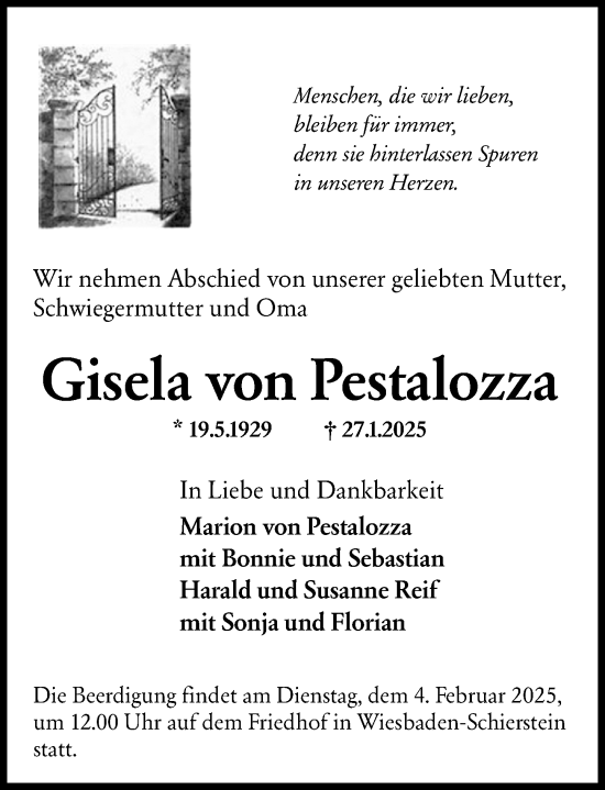 Traueranzeige von Gisela von Pestalozza von Wiesbadener Kurier