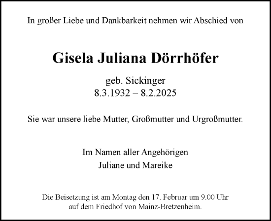 Traueranzeige von Gisela Juliana Dörrhöfer von Allgemeine Zeitung Mainz