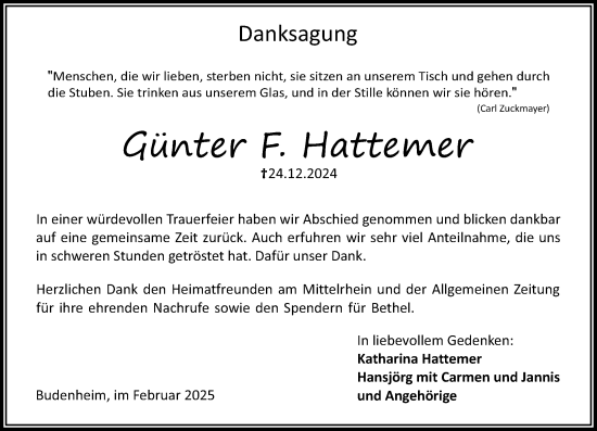 Traueranzeige von Günter Hattemer von Allgemeine Zeitung Rheinhessen-Nahe