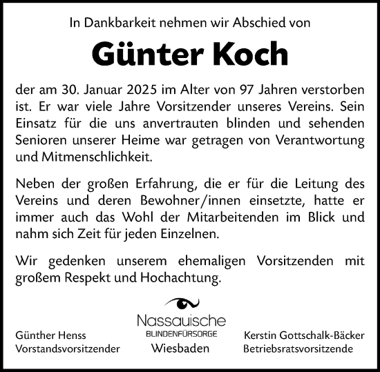 Traueranzeige von Günter Koch von Wiesbadener Kurier