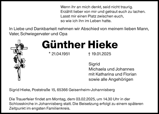 Traueranzeige von Günther Hieke von Wiesbadener Kurier