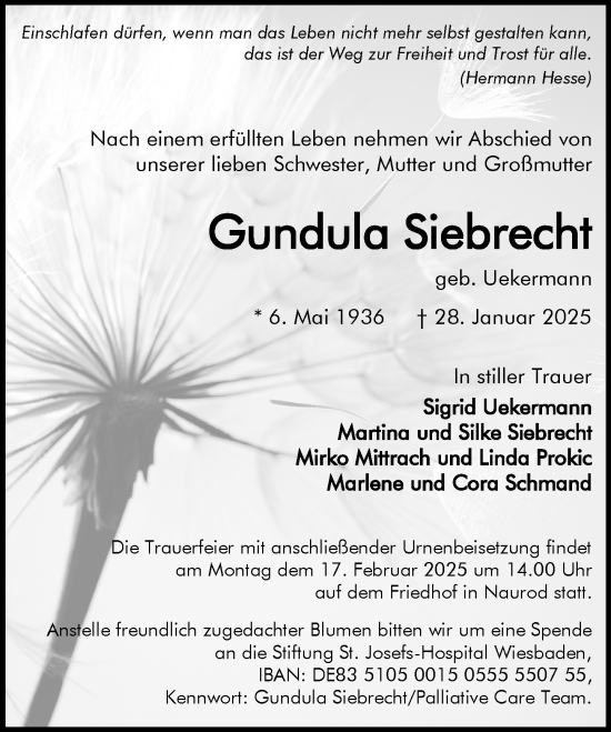 Traueranzeige von Gundula Siebrecht von Wiesbadener Kurier