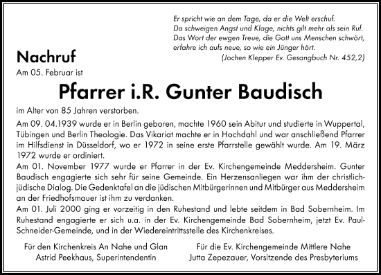 Traueranzeige von Gunter Baudisch von Allgemeine Zeitung Rheinhessen-Nahe