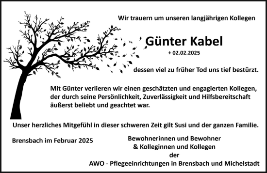 Traueranzeige von Gunter Kabel von Odenwälder Echo