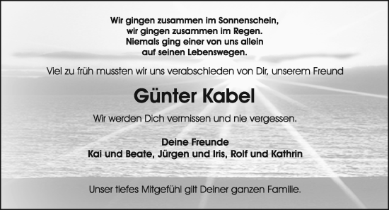 Traueranzeige von Gunter Kabel von Odenwälder Echo