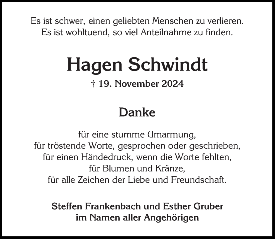Traueranzeige von Hagen Schwindt von Wiesbadener Kurier
