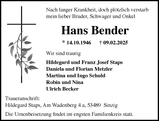 Traueranzeige von Hans Bender von Rheingau Kurier