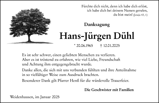 Traueranzeige von Hans-Jürgen Dühl von Hinterländer Anzeiger