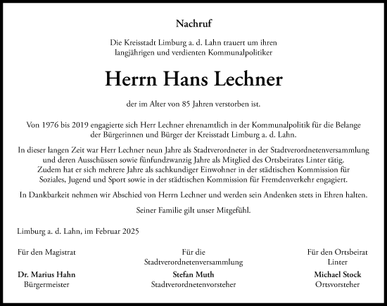 Traueranzeige von Hans Lechner von Nassauische Neue Presse