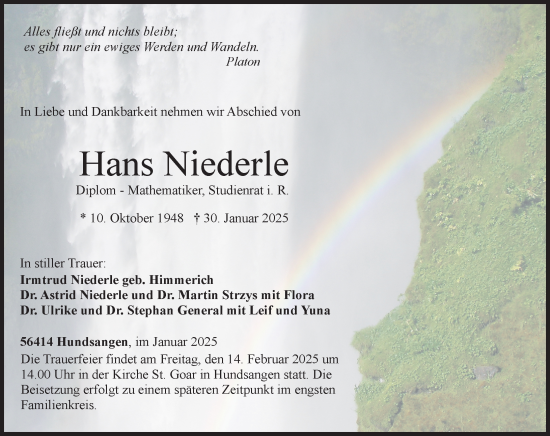 Traueranzeige von Hans Niederle von Nassauische Neue Presse