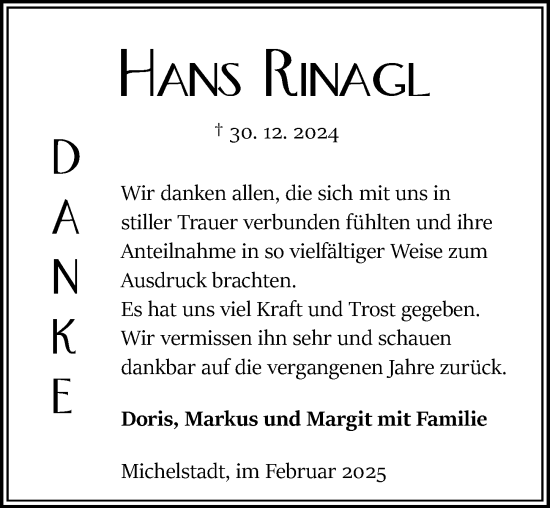 Traueranzeige von Hans Rinagl von Odenwälder Echo