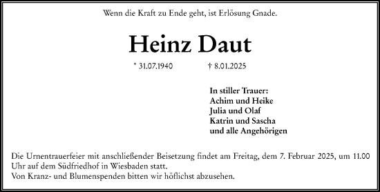 Traueranzeige von Heinz Daut von Wiesbadener Kurier