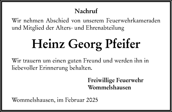 Traueranzeige von Heinz Georg Pfeifer von Hinterländer Anzeiger