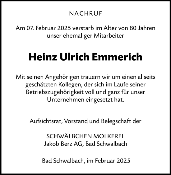 Traueranzeige von Heinz Ulrich Emmerich von Idsteiner Land/Untertaunus