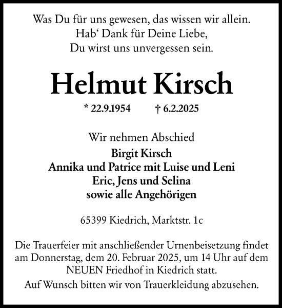 Traueranzeige von Helmut Kirsch von Wiesbadener Kurier