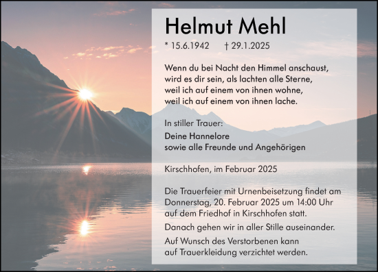 Traueranzeige von Helmut Mehl von Weilburger Tageblatt