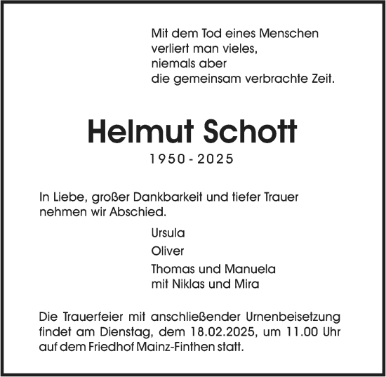 Traueranzeige von Helmut Schott von Allgemeine Zeitung Mainz