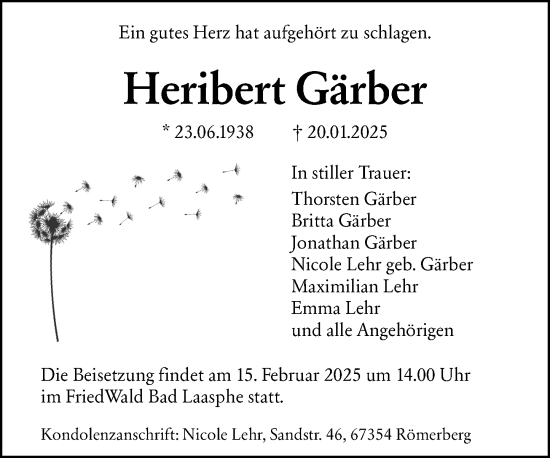 Traueranzeige von Heribert Gärber von Hinterländer Anzeiger