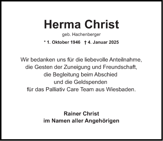 Traueranzeige von Herma Christ von Wiesbadener Kurier