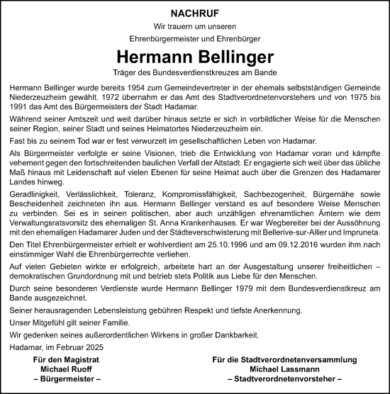 Traueranzeige von Hermann Bellinger von Nassauische Neue Presse