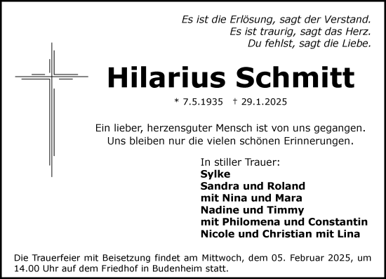 Traueranzeige von Hilarius Schmitt von Allgemeine Zeitung Mainz