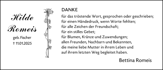 Traueranzeige von Hilde Romeis von Hinterländer Anzeiger