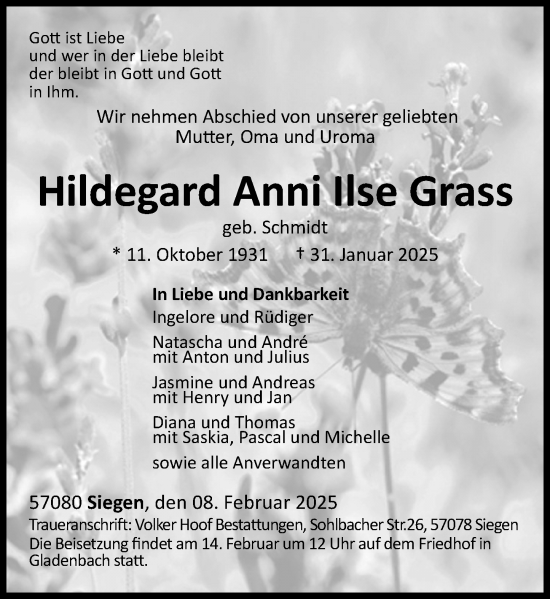 Traueranzeige von Hildegard Anni Ilse Grass von Hinterländer Anzeiger