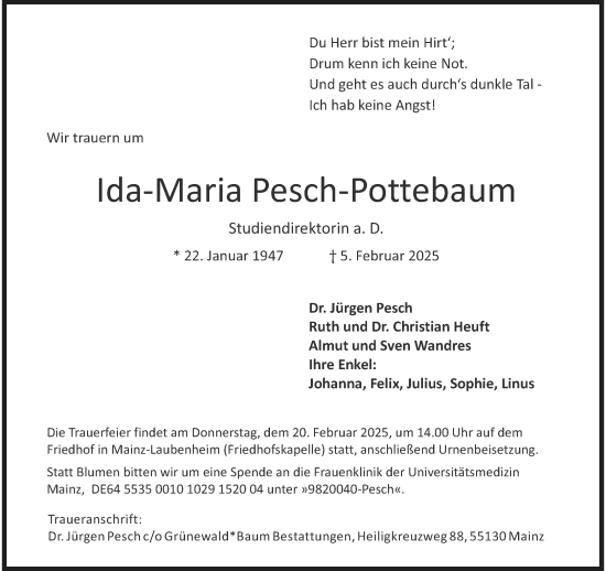 Traueranzeige von Ida-Maria Pesch-Pottebaum von Allgemeine Zeitung Mainz