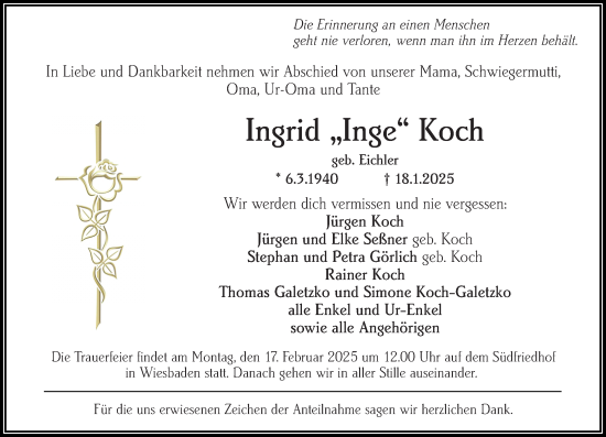 Traueranzeige von Ingrid Koch von Wiesbadener Kurier