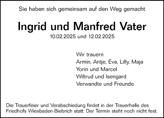 Traueranzeige von Ingrid und Manfred Vater von Wiesbadener Kurier
