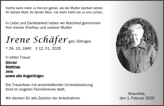Traueranzeige von Irene Schäfer von Wetzlarer Neue Zeitung