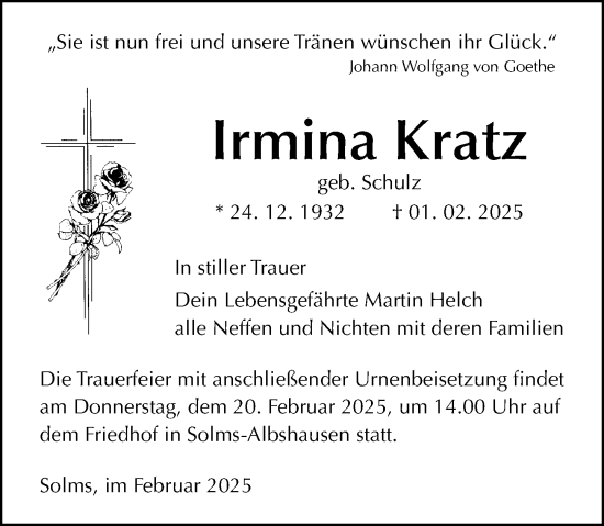 Traueranzeige von Irmina Kratz von Wetzlarer Neue Zeitung