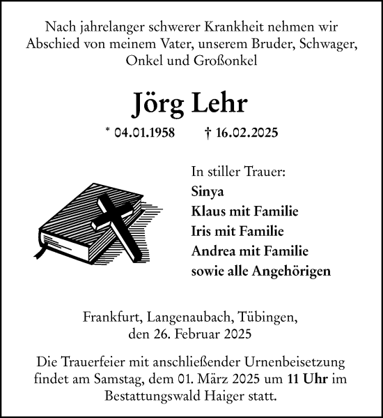 Traueranzeige von Jörg Lehr von Dill Block